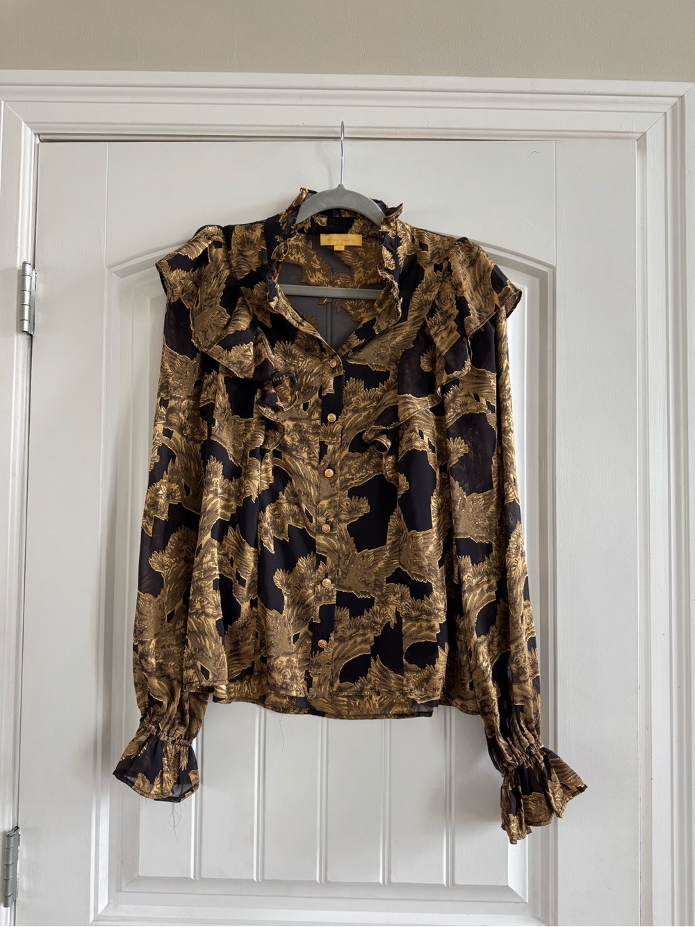Flying Tomato Black and Gold Ruffle Button-Front Blouse